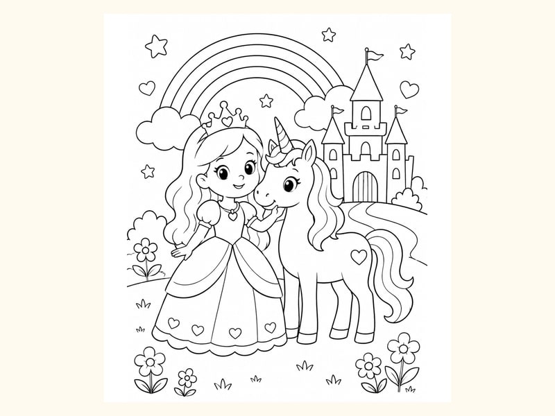 Princess and Unicorn Standing Together near a Rainbow and Castle printable preview
