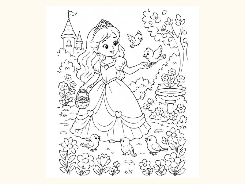 Princess Feeding Birds from Her Hand in a Garden Scene printable preview