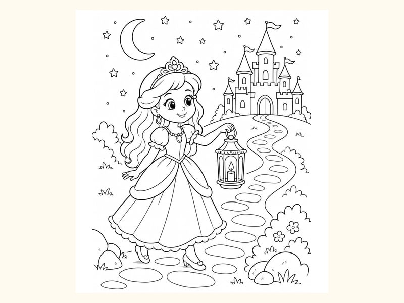 Princess Holding a Lantern While Walking Along a Castle Path under Stars printable preview