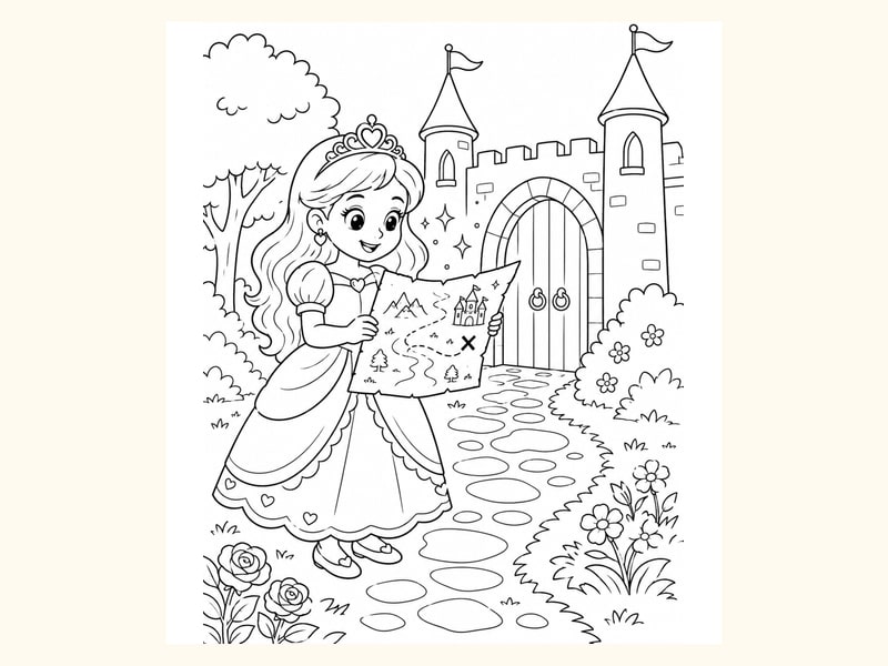 Princess Looking at a Magical Map beside a Castle Gate printable preview