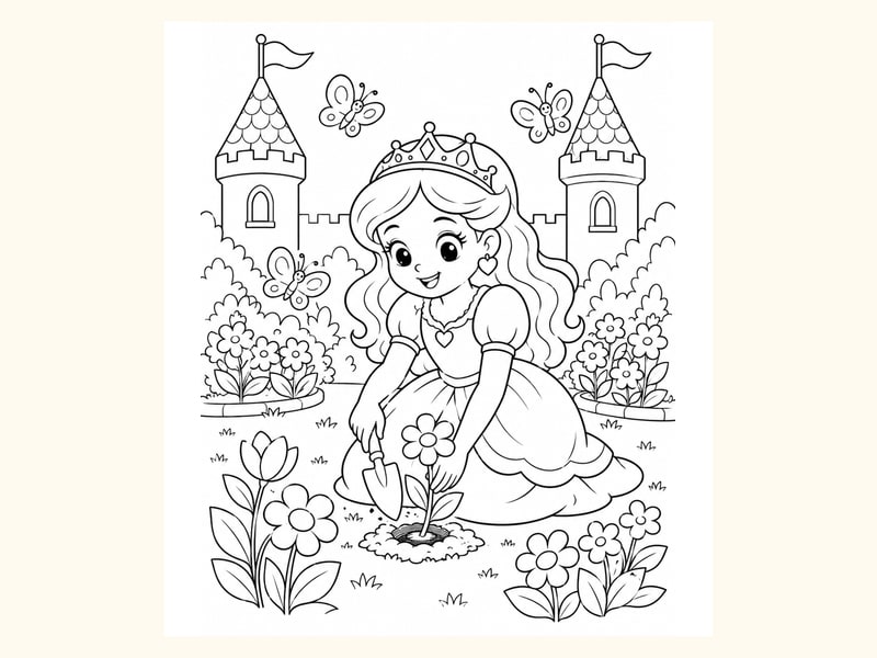 Princess Planting Flowers in a Royal Garden printable preview