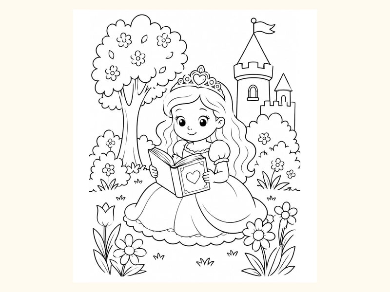 Princess Reading a Book in a Garden printable preview
