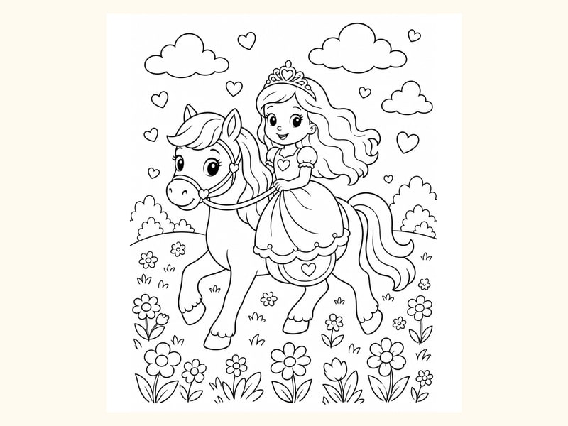 Princess Riding a Gentle Pony Through a Meadow printable preview
