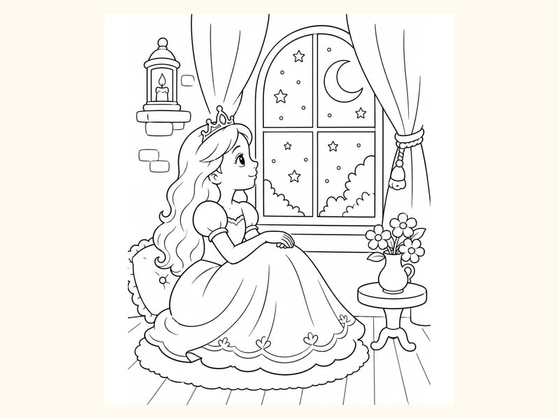 Princess Sitting near a Window with Moon printable preview