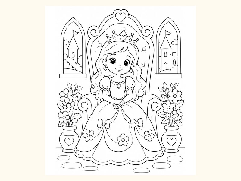 Princess Sitting on a Throne with Flowers printable preview