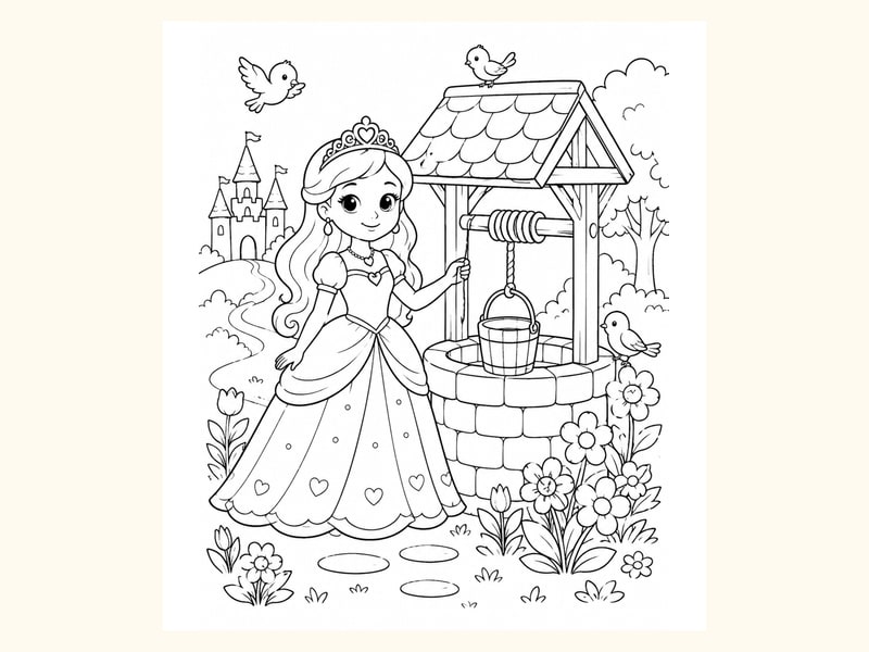 Princess Standing beside a Wishing Well printable preview