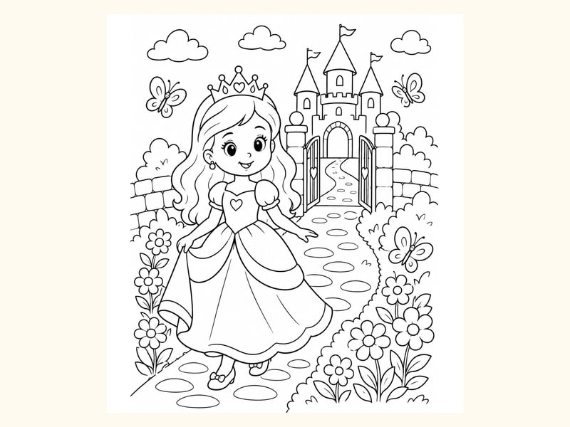 Princess Walking Along a Garden Path printable preview