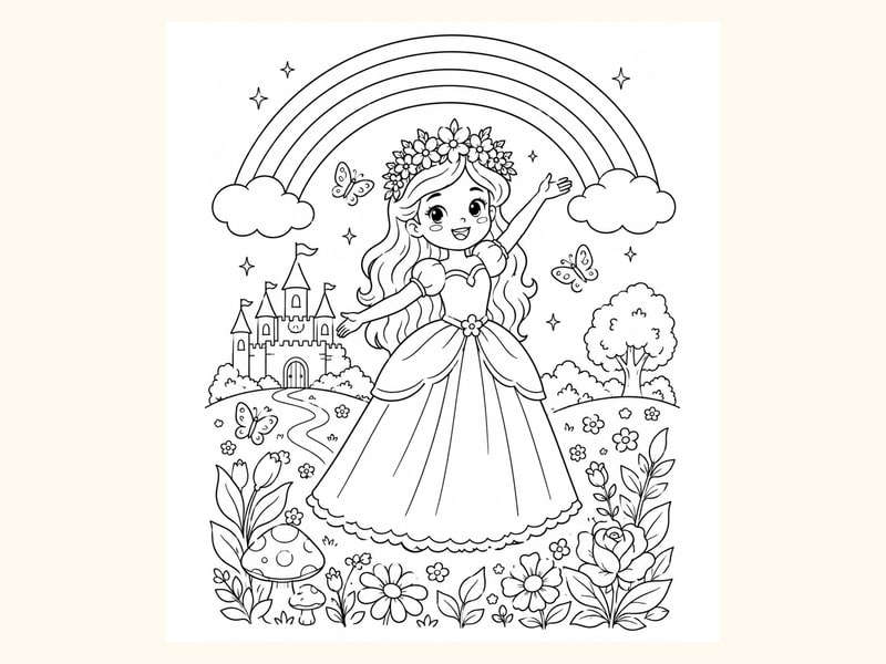 Princess Wearing a Flower Crown and Standing under a Rainbow printable preview