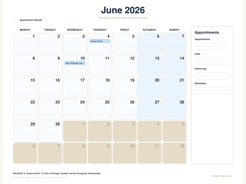 Portugal June 2026 Calendar - Appointment Calendar printable preview