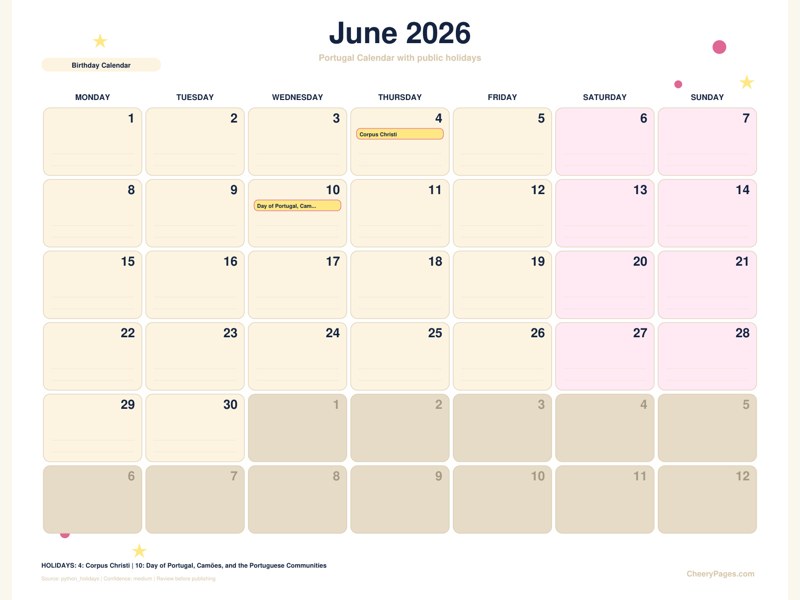 Portugal June 2026 Calendar - Birthday Calendar printable preview