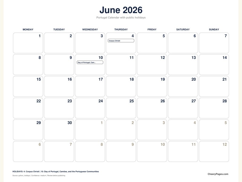 Portugal June 2026 Calendar - Black and White Ink Saver printable preview