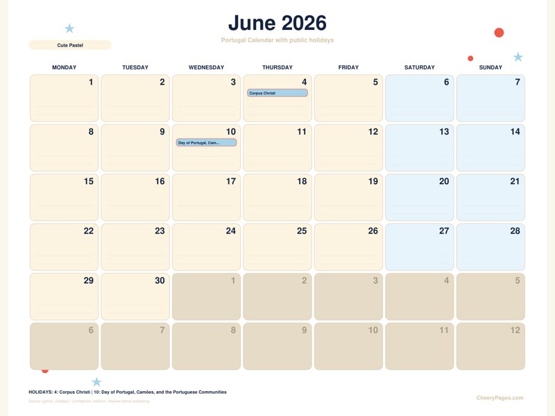 Portugal June 2026 Calendar - Cute Pastel printable preview