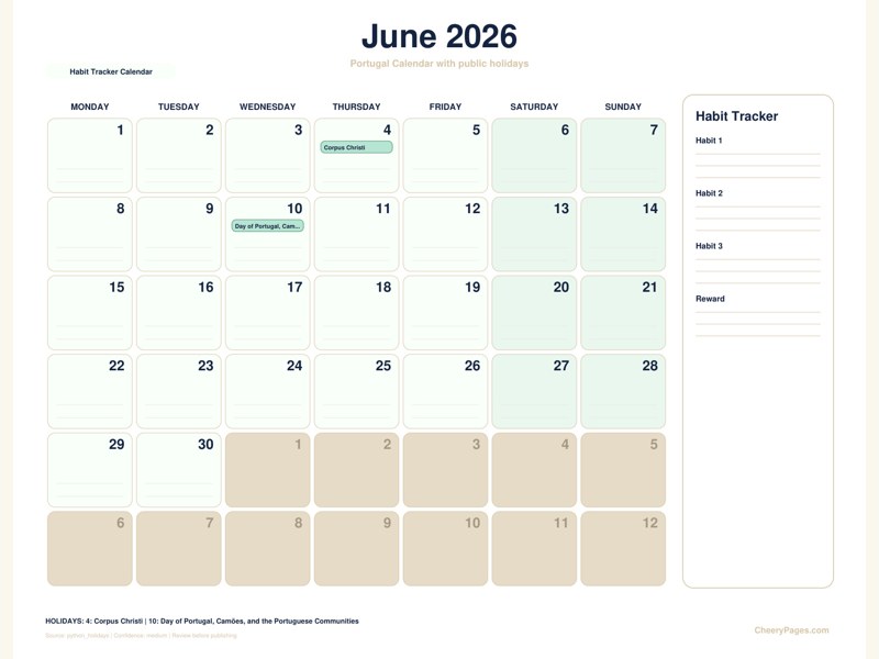Portugal June 2026 Calendar - Habit Tracker Calendar printable preview