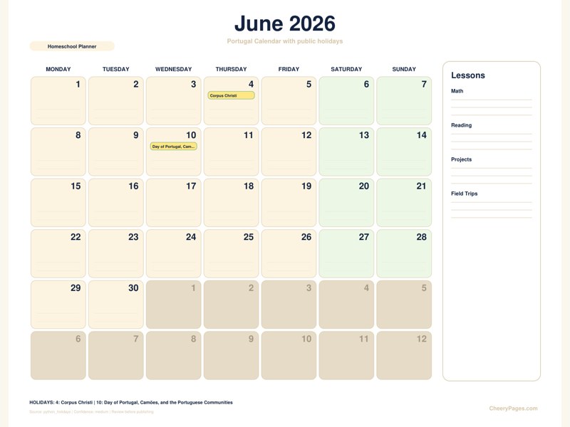 Portugal June 2026 Calendar - Homeschool Planner printable preview