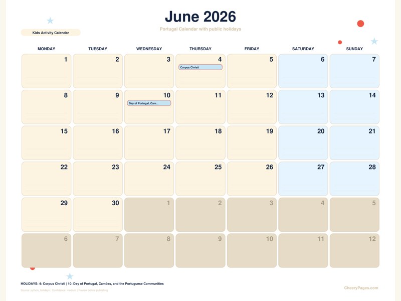 Portugal June 2026 Calendar - Kids Activity Calendar printable preview