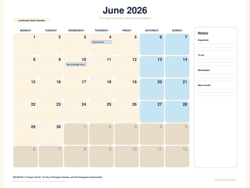 Portugal June 2026 Calendar - Landscape Desk Calendar printable preview