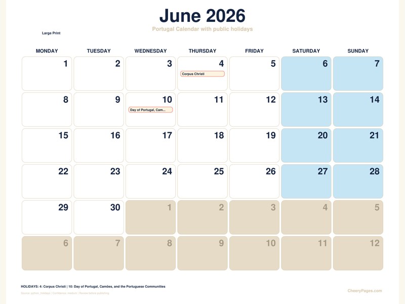 Portugal June 2026 Calendar - Large Print printable preview