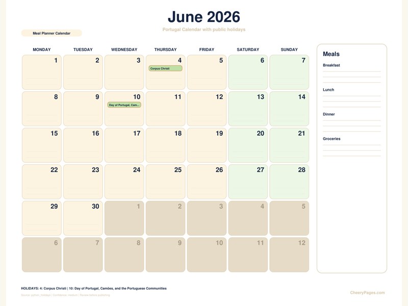Portugal June 2026 Calendar - Meal Planner Calendar printable preview