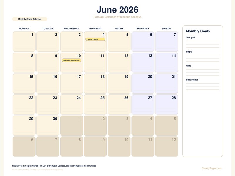 Portugal June 2026 Calendar - Monthly Goals Calendar printable preview