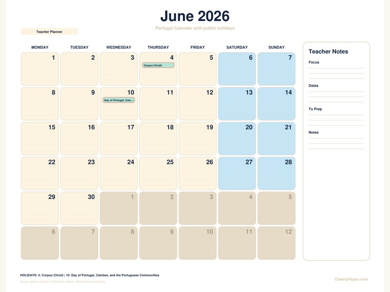 Portugal June 2026 Calendar - Teacher Planner printable preview