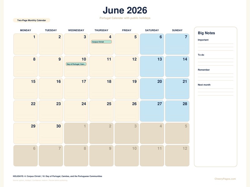 Portugal June 2026 Calendar - Two-Page Monthly Calendar printable preview