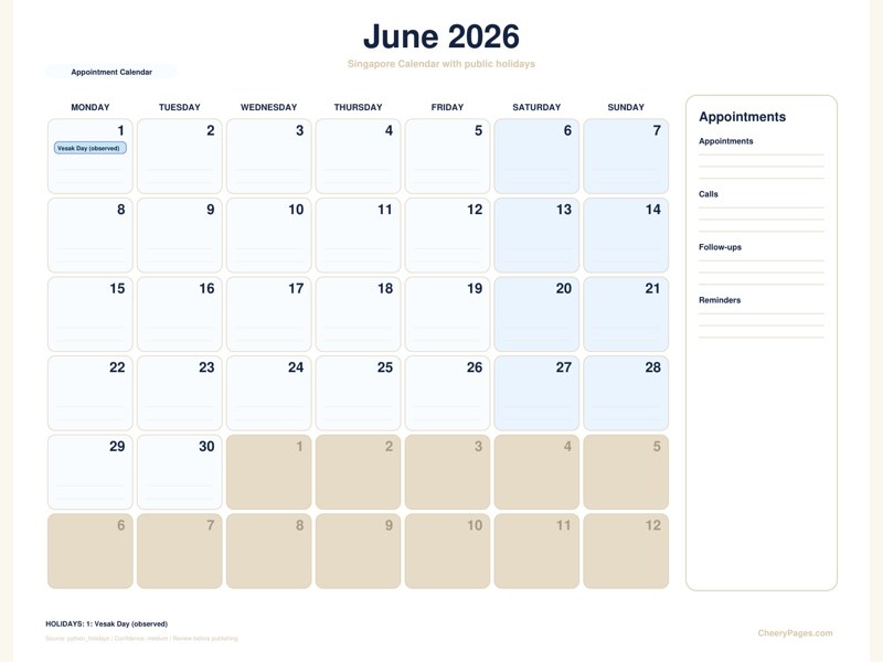 Singapore June 2026 Calendar - Appointment Calendar printable preview