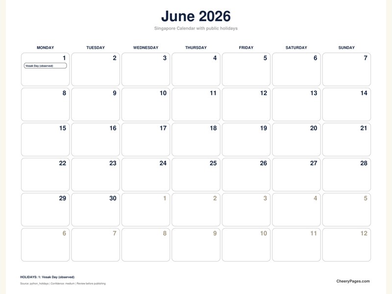 Singapore June 2026 Calendar - Black and White Ink Saver printable preview