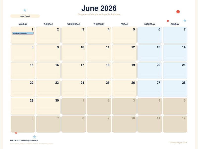 Singapore June 2026 Calendar - Cute Pastel printable preview