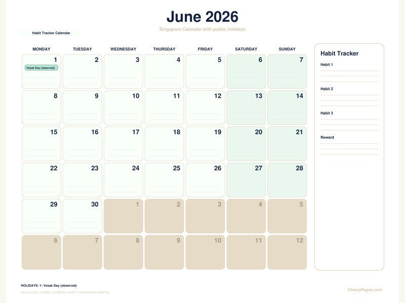 Singapore June 2026 Calendar - Habit Tracker Calendar printable preview