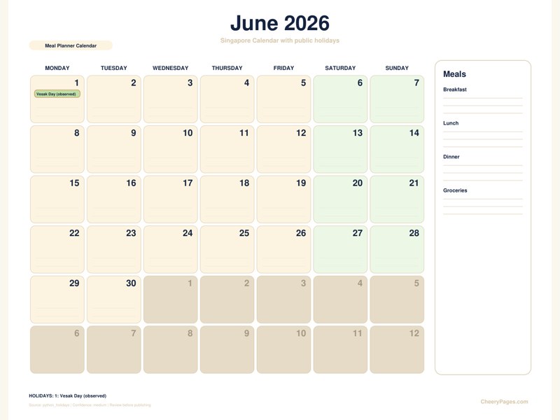 Singapore June 2026 Calendar - Meal Planner Calendar printable preview
