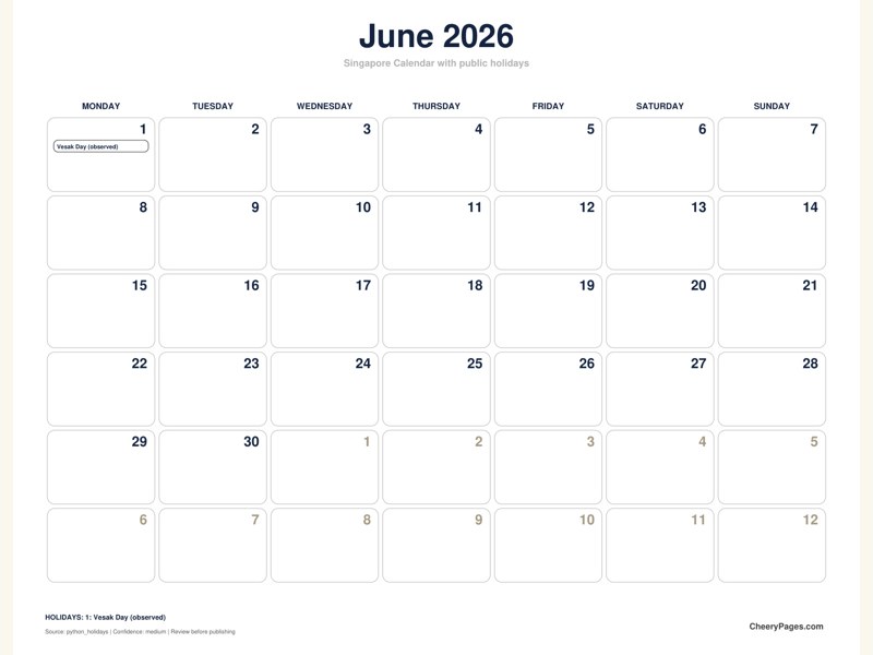 Singapore June 2026 Calendar - Minimal Ink printable preview