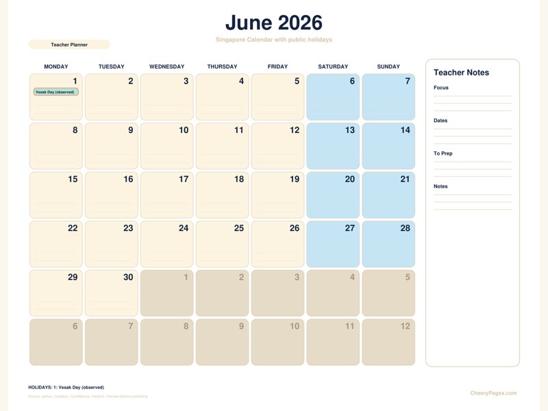 Singapore June 2026 Calendar - Teacher Planner printable preview