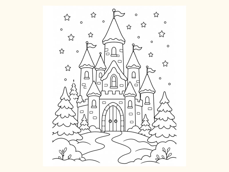 Snowy Fairy Tale Castle with Pine Trees printable preview