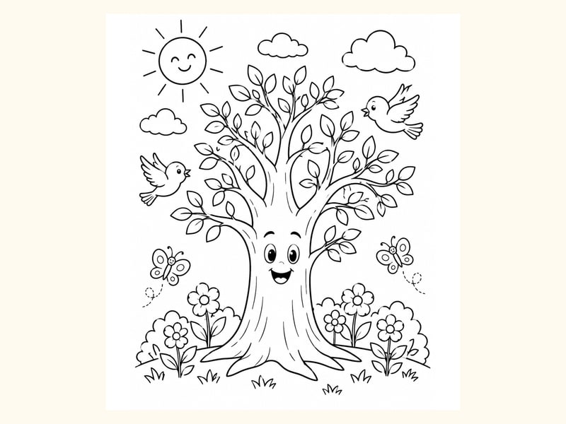 Birds Around Spring Tree printable preview