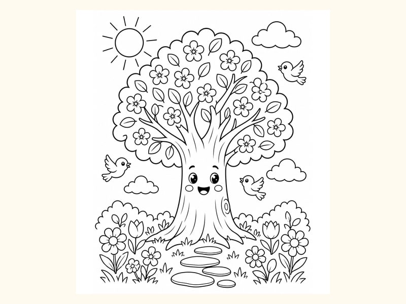 Flowers Around Tree Trunk printable preview