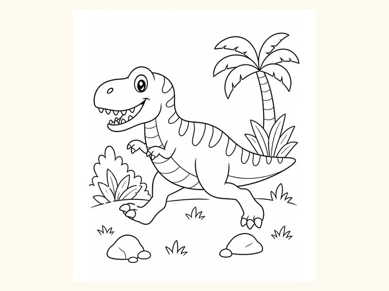 Smiling T-Rex with Rocks and Palms printable preview