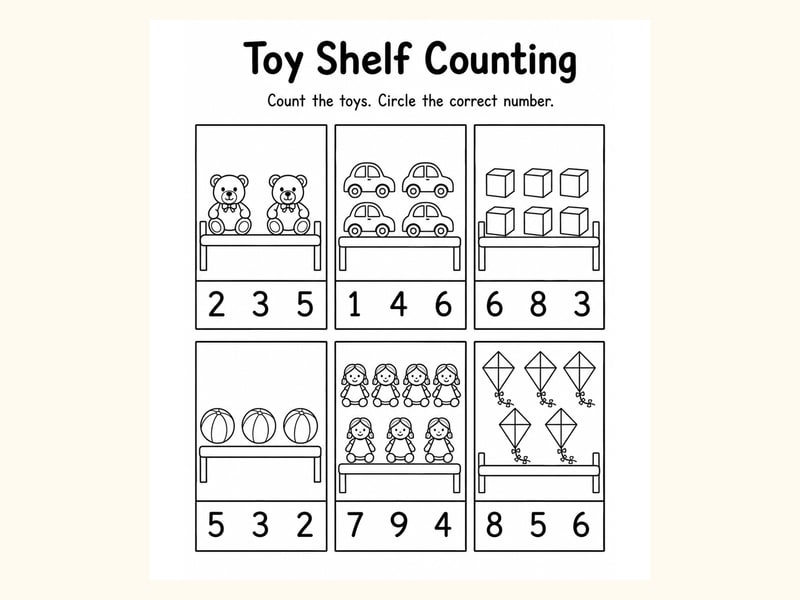 Toy Shelf Count and Circle Worksheet printable preview