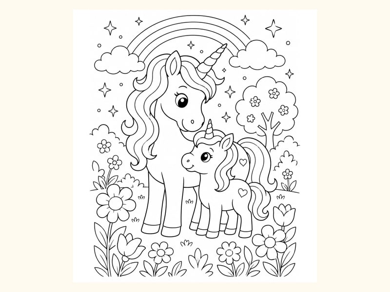 Unicorn and Baby Unicorn Together in a Simple Magical Garden printable preview