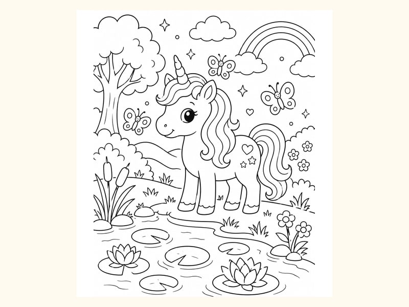 Unicorn beside a Pond with Lily Pads printable preview