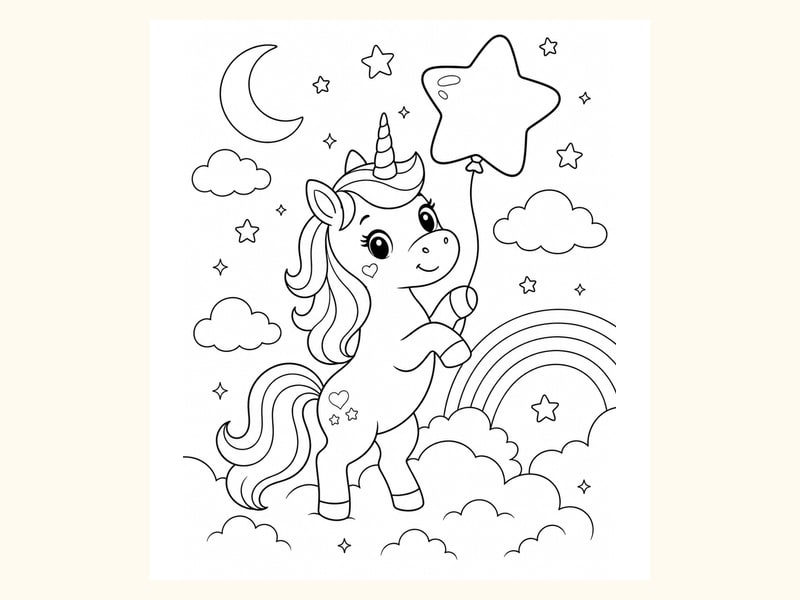 Unicorn Holding a Star-shaped Balloon in a Dreamy Sky Scene printable preview
