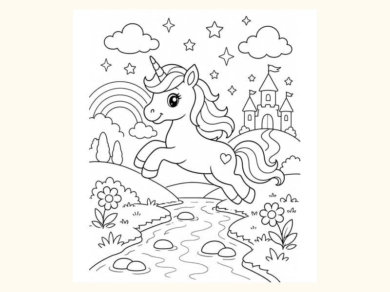 Unicorn Jumping over a Small Stream printable preview