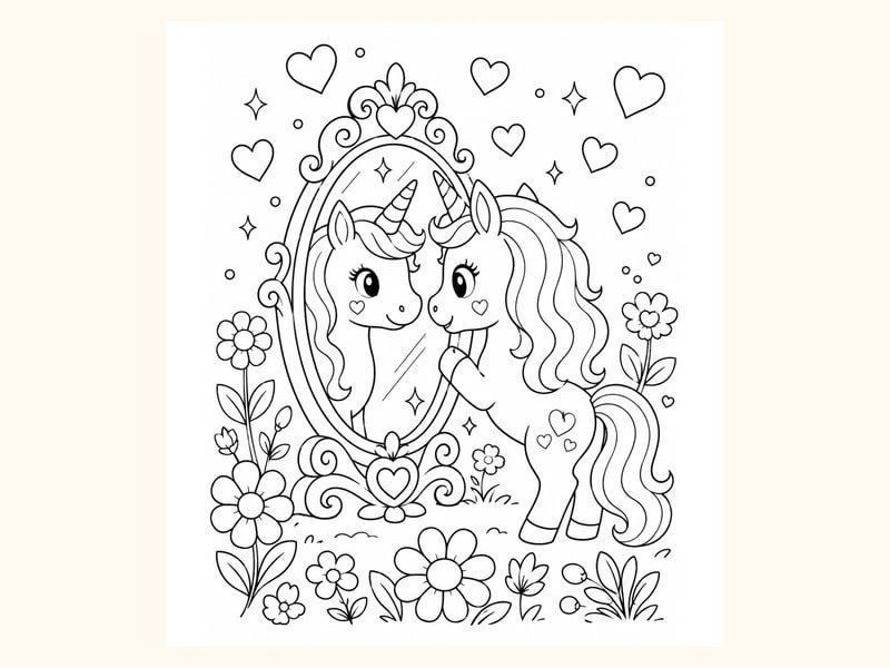 Unicorn Looking into a Magical Mirror Surrounded by Flowers and Hearts printable preview