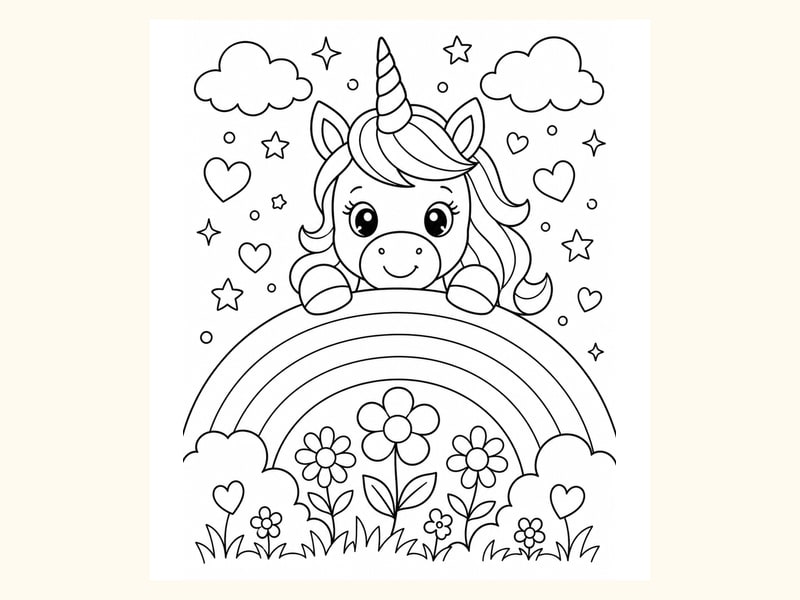 Unicorn Peeking from behind a Rainbow printable preview