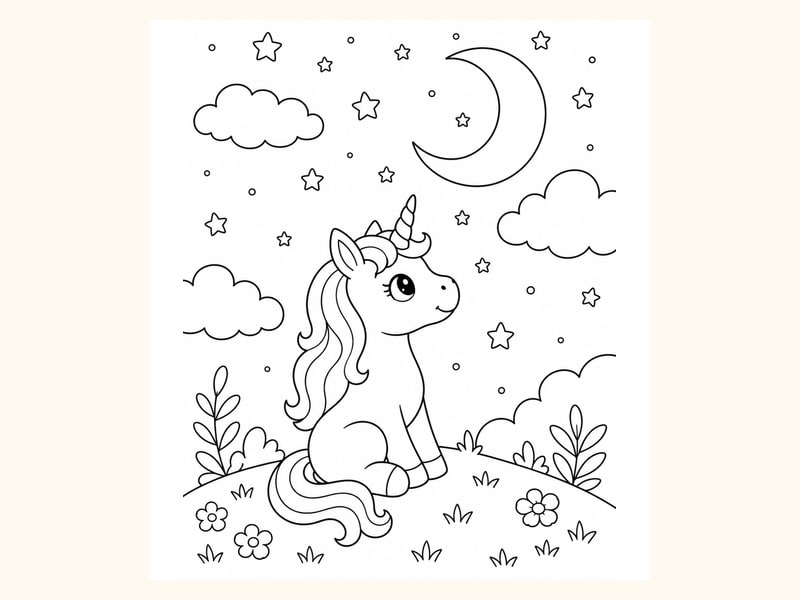 Unicorn Sitting under a Crescent Moon printable preview