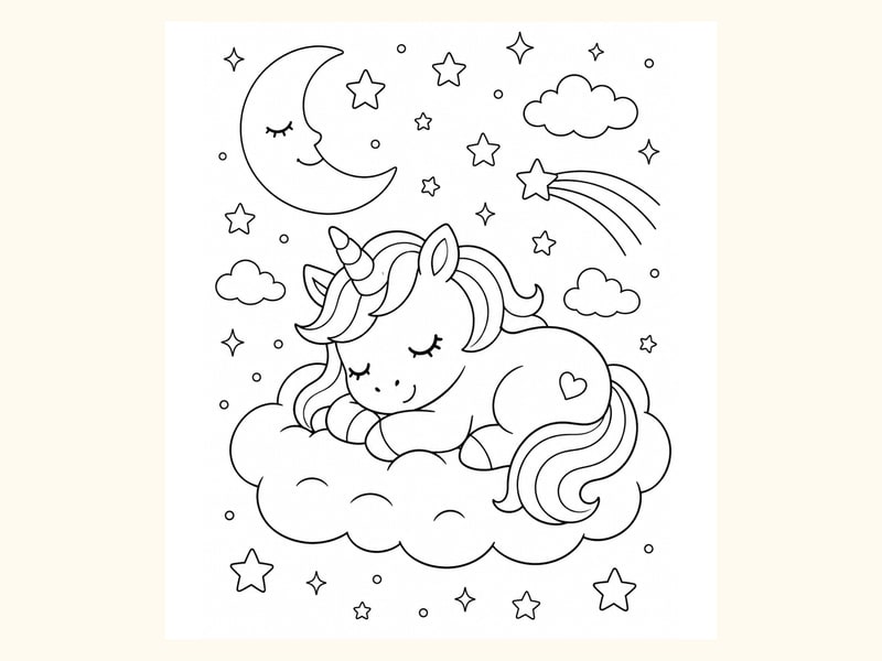 Unicorn Sleeping on a Fluffy Cloud printable preview