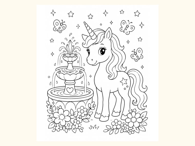 Unicorn Standing beside a Magical Fountain printable preview