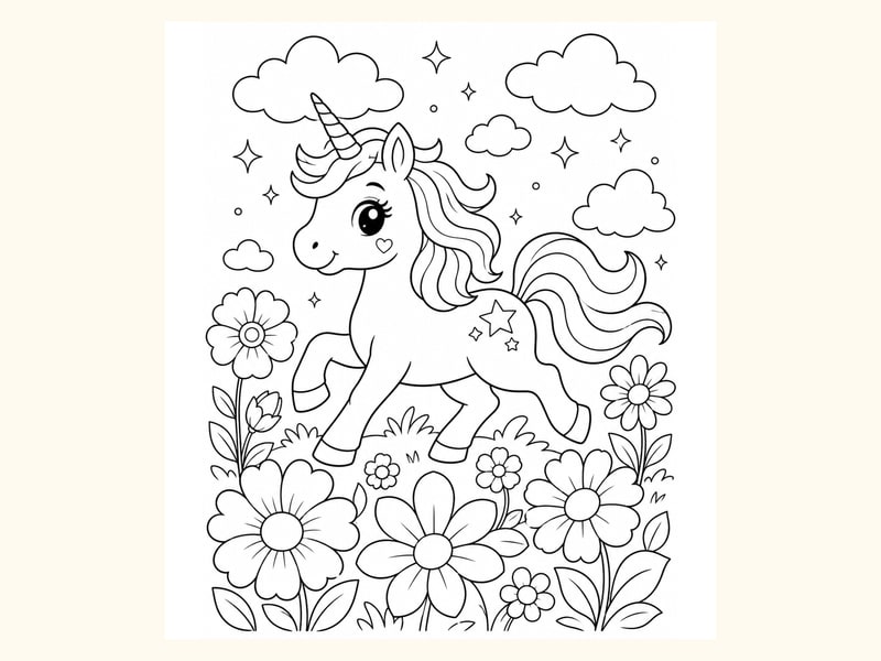 Unicorn Trotting Through a Field of Giant Flowers printable preview