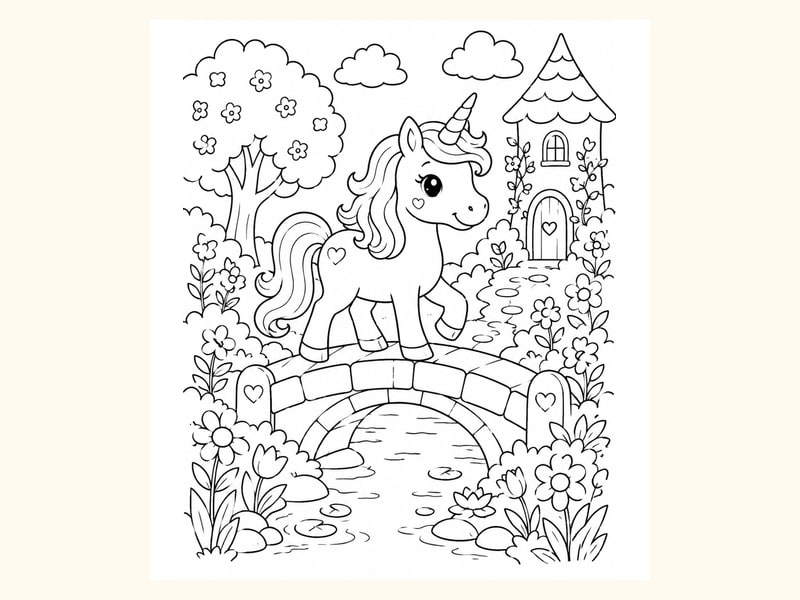Unicorn Walking Across a Small Bridge in a Fairy Tale Garden printable preview