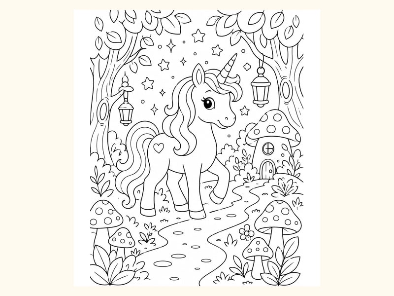 Unicorn Walking Through an Enchanted Forest printable preview
