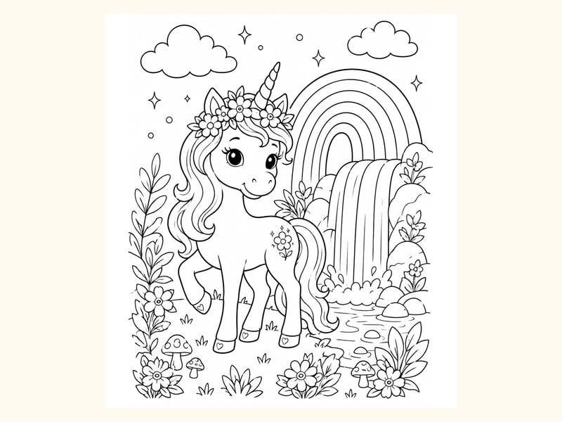 Unicorn Wearing a Flower Crown While Standing near a Rainbow Waterfall printable preview